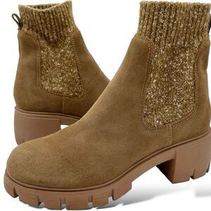 Steve Madden Boots Hayle Chestnut Suede Knit Chelsea Ankle Booties Lug Sole 9.5M